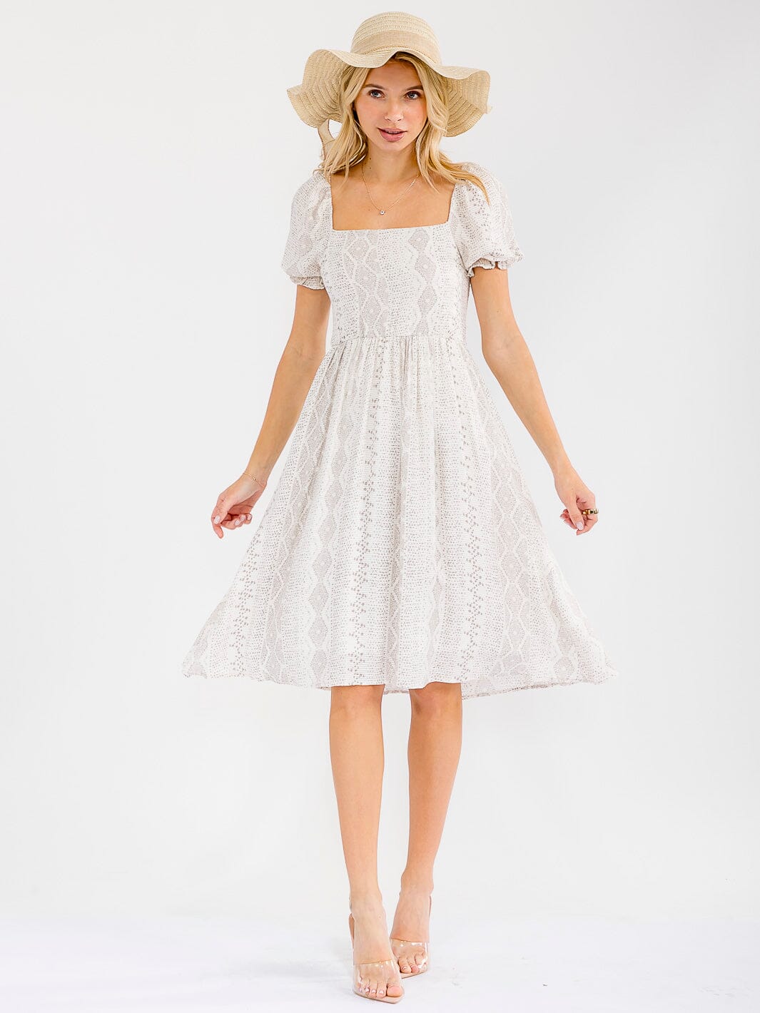 WOMEN'S SHORT SLEEVE SQUARE NECK ELASTIC WAIST PRINT MINI DRESS