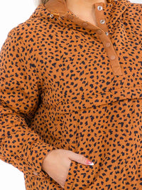 PLUS SIZE LONG SLEEVE BUTTON UP FRONT POCKETS HOODED ANIMAL PRINT PULLOVER SWEATER