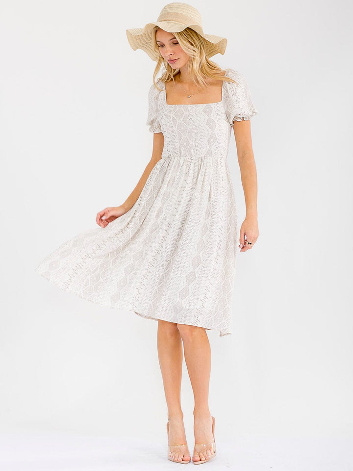 WOMEN'S SHORT SLEEVE SQUARE NECK ELASTIC WAIST PRINT MINI DRESS