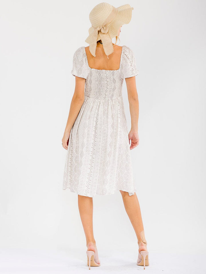 WOMEN'S SHORT SLEEVE SQUARE NECK ELASTIC WAIST PRINT MINI DRESS