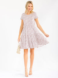 WOMEN'S SHORT SLEEVE ELASTIC WAIST FRONT POCKETS FLORAL PRINT MINI DRESS