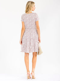 WOMEN'S SHORT SLEEVE ELASTIC WAIST FRONT POCKETS FLORAL PRINT MINI DRESS