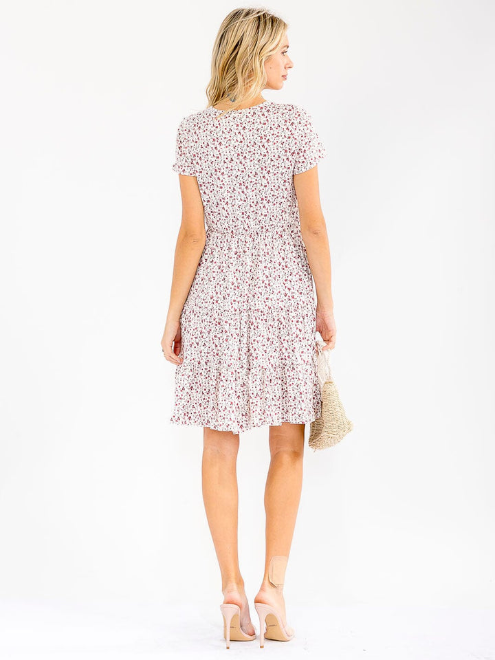 WOMEN'S SHORT SLEEVE ELASTIC WAIST FRONT POCKETS FLORAL PRINT MINI DRESS
