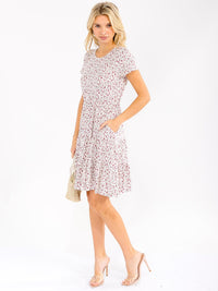 WOMEN'S SHORT SLEEVE ELASTIC WAIST FRONT POCKETS FLORAL PRINT MINI DRESS