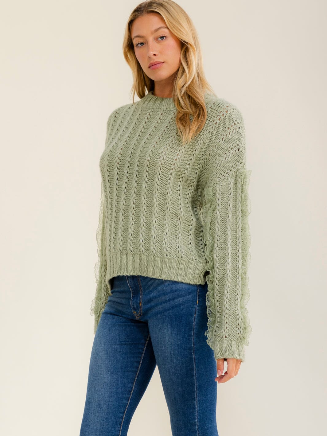 WOMEN'S LONG SLEEVE LACE TRIM KNIT PULLOVER SWEATER