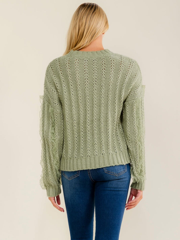 WOMEN'S LONG SLEEVE LACE TRIM KNIT PULLOVER SWEATER