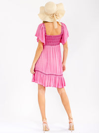 WOMEN'S SHORT RUFFLE SLEEVE SQUARE NECK SMOCK WASHED MINI DRESS