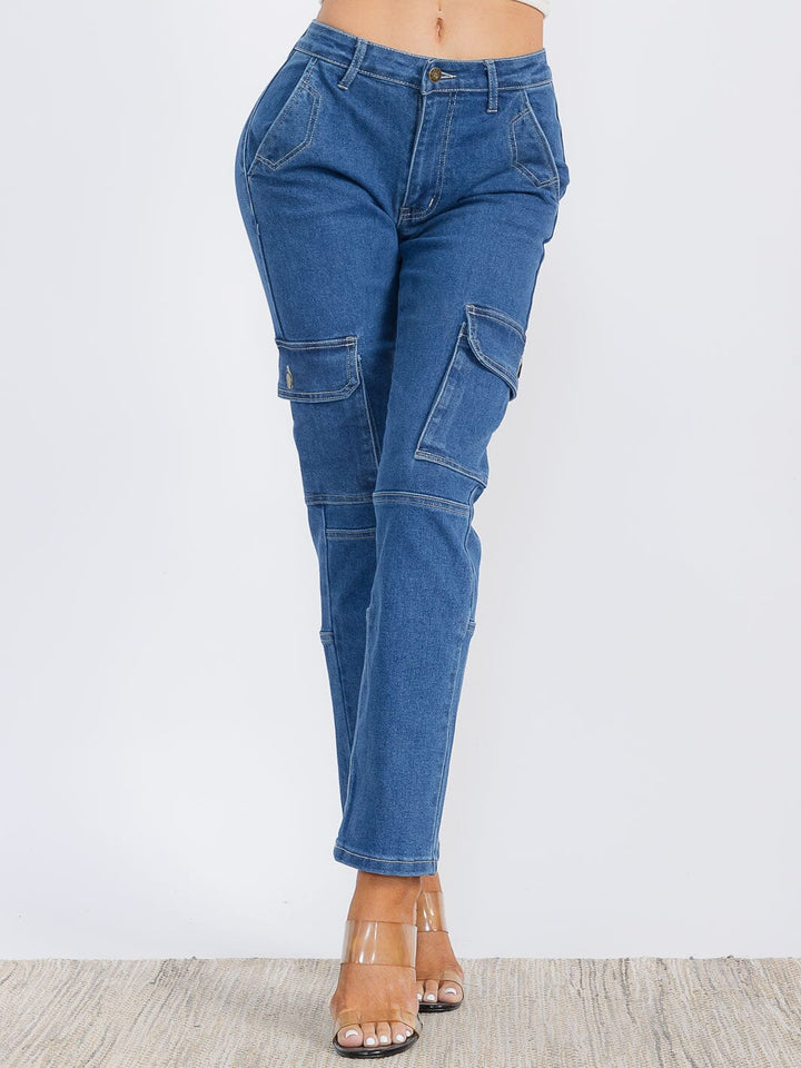 WOMEN'S BUTTON CLOSURE CARGO POCKETS STRETCH DENIM WIDE LEG PANTS