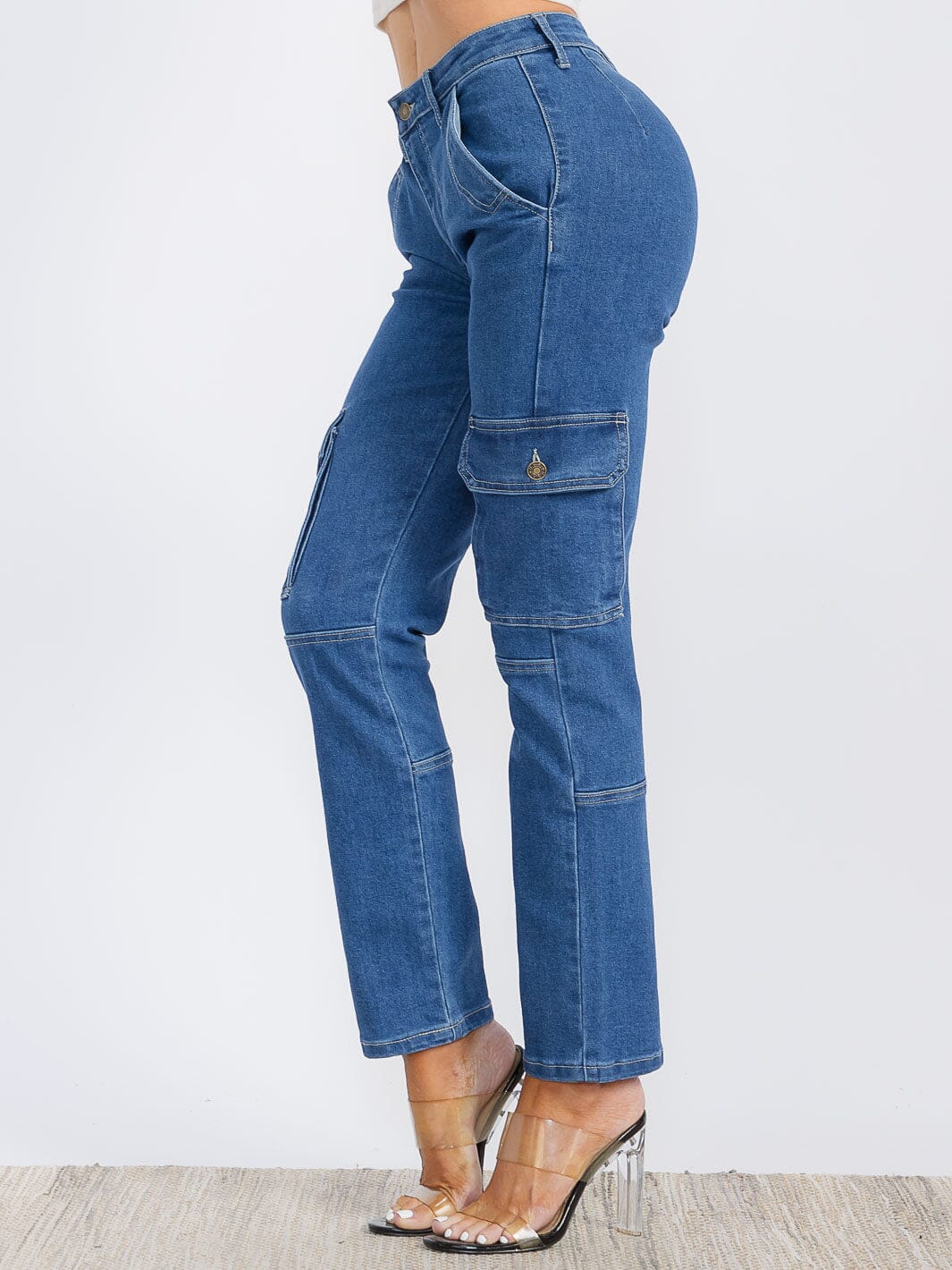 WOMEN'S BUTTON CLOSURE CARGO POCKETS STRETCH DENIM WIDE LEG PANTS