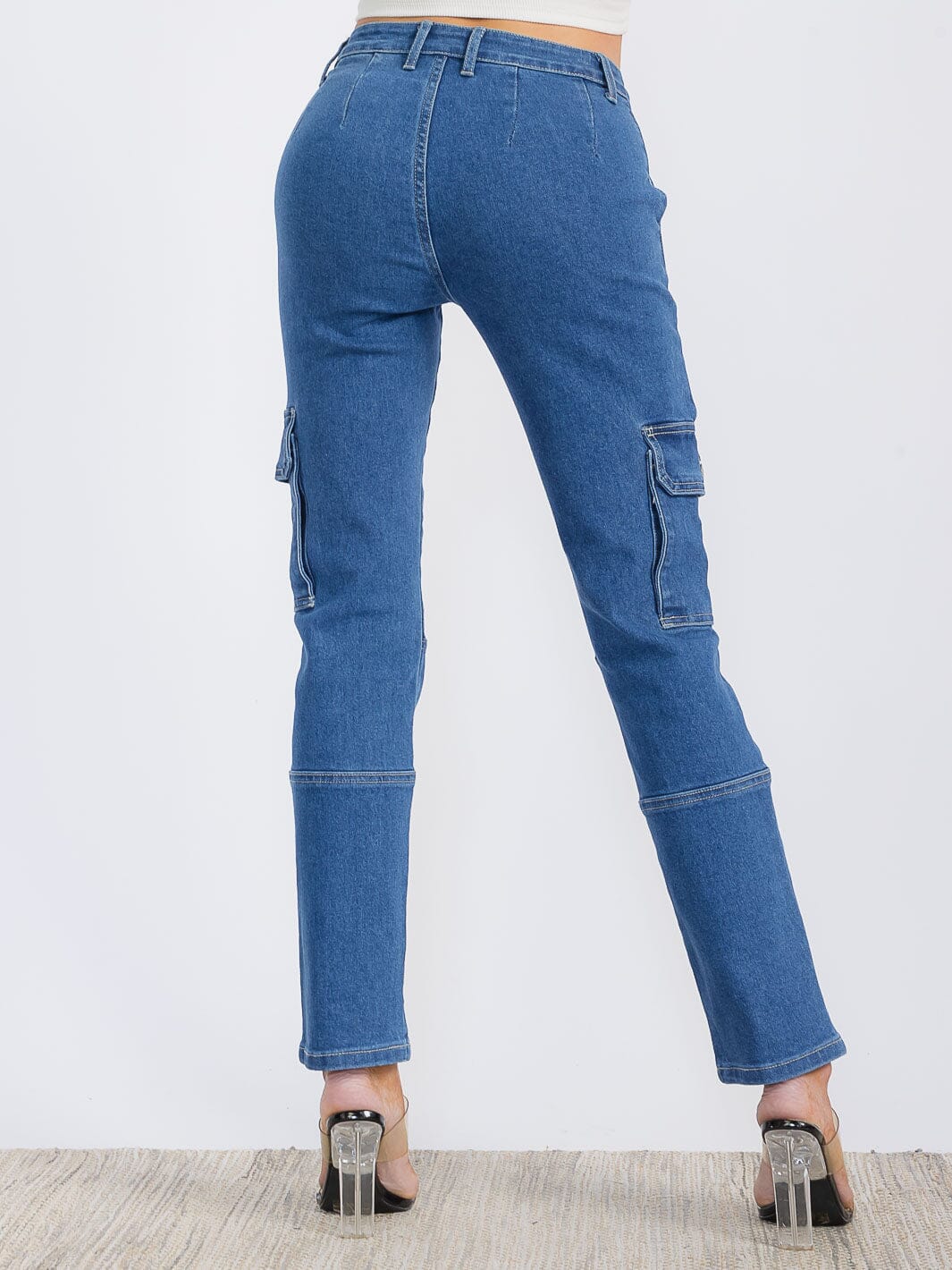 WOMEN'S BUTTON CLOSURE CARGO POCKETS STRETCH DENIM WIDE LEG PANTS