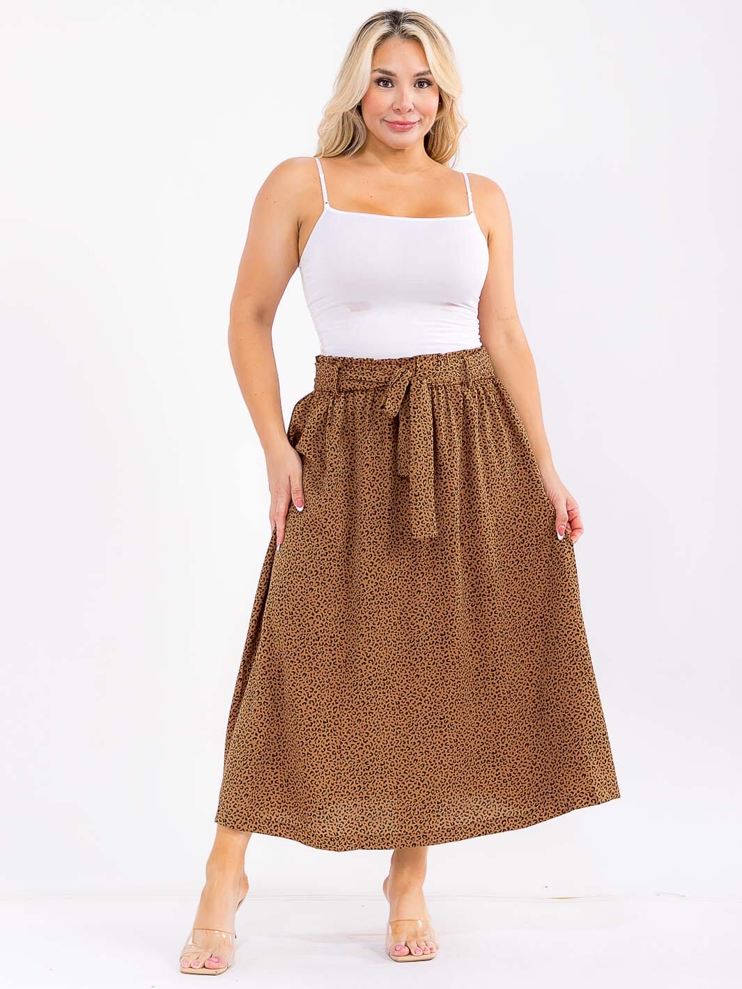 PLUS SIZE ELASTIC WAIST SELF TIE ANIMAL PRINT MAXI SKIRT