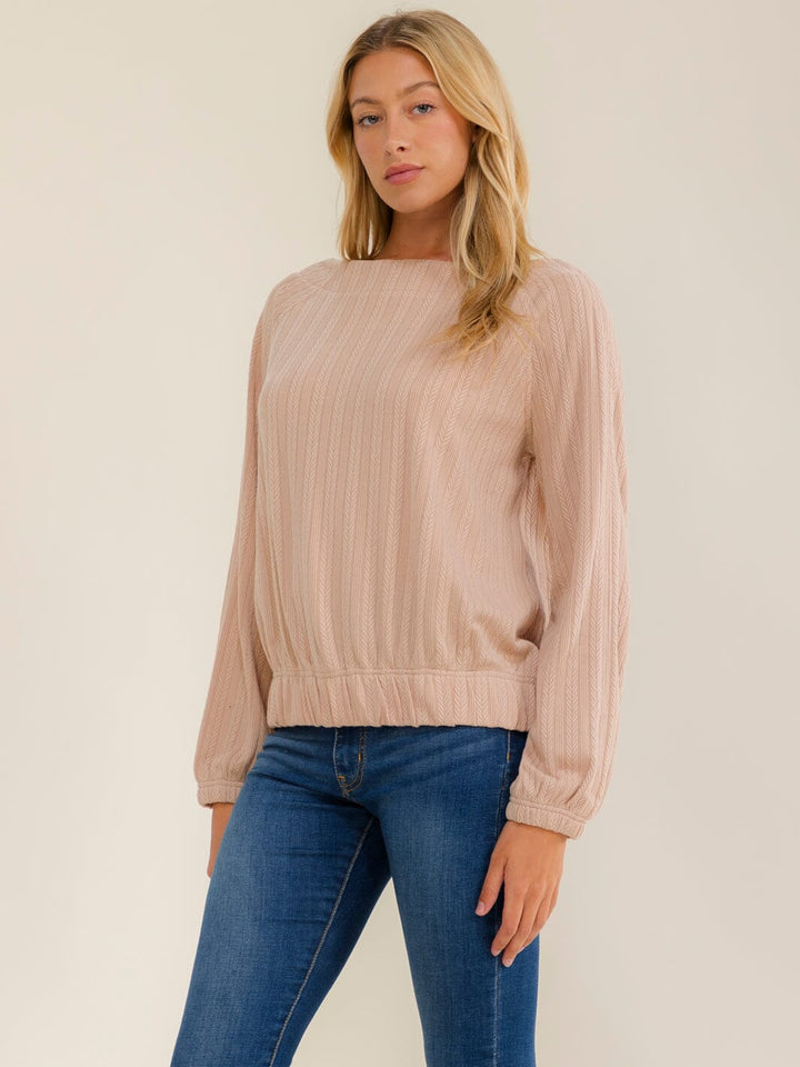 WOMEN'S LONG SLEEVE ELASTIC WAIST CABLE KNIT BLOUSE