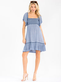 WOMEN'S SHORT RUFFLE SLEEVE SQUARE NECK SMOCK WASHED MINI DRESS