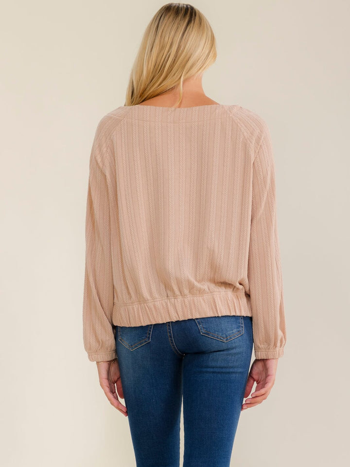 WOMEN'S LONG SLEEVE ELASTIC WAIST CABLE KNIT BLOUSE
