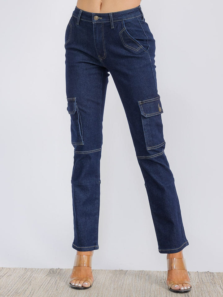 WOMEN'S BUTTON CLOSURE CARGO POCKETS STRETCH DENIM WIDE LEG PANTS