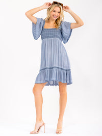 WOMEN'S SHORT RUFFLE SLEEVE SQUARE NECK SMOCK WASHED MINI DRESS
