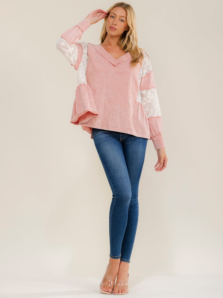 WOMEN'S LONG SLEEVE V-NECK LOOSE FIT LACE WASHED CONTRAST TOP