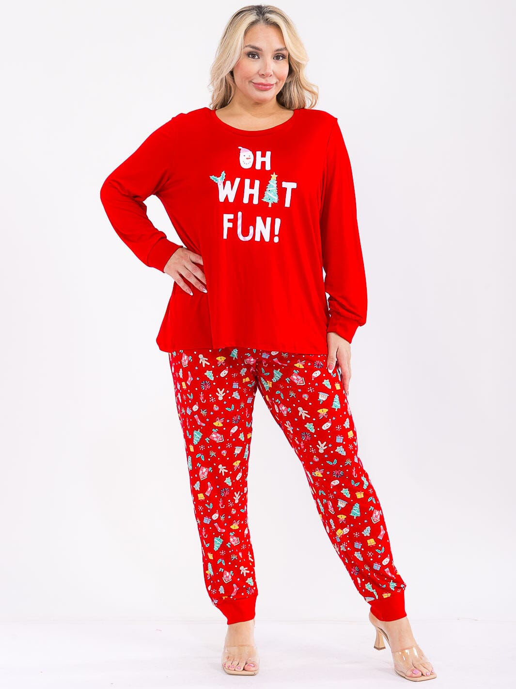 PLUS SIZE LONG SLEEVE SHIRT & ELASTIC WAIST JOGGER PANTS HOLIDAY PRINT 2PC. SET