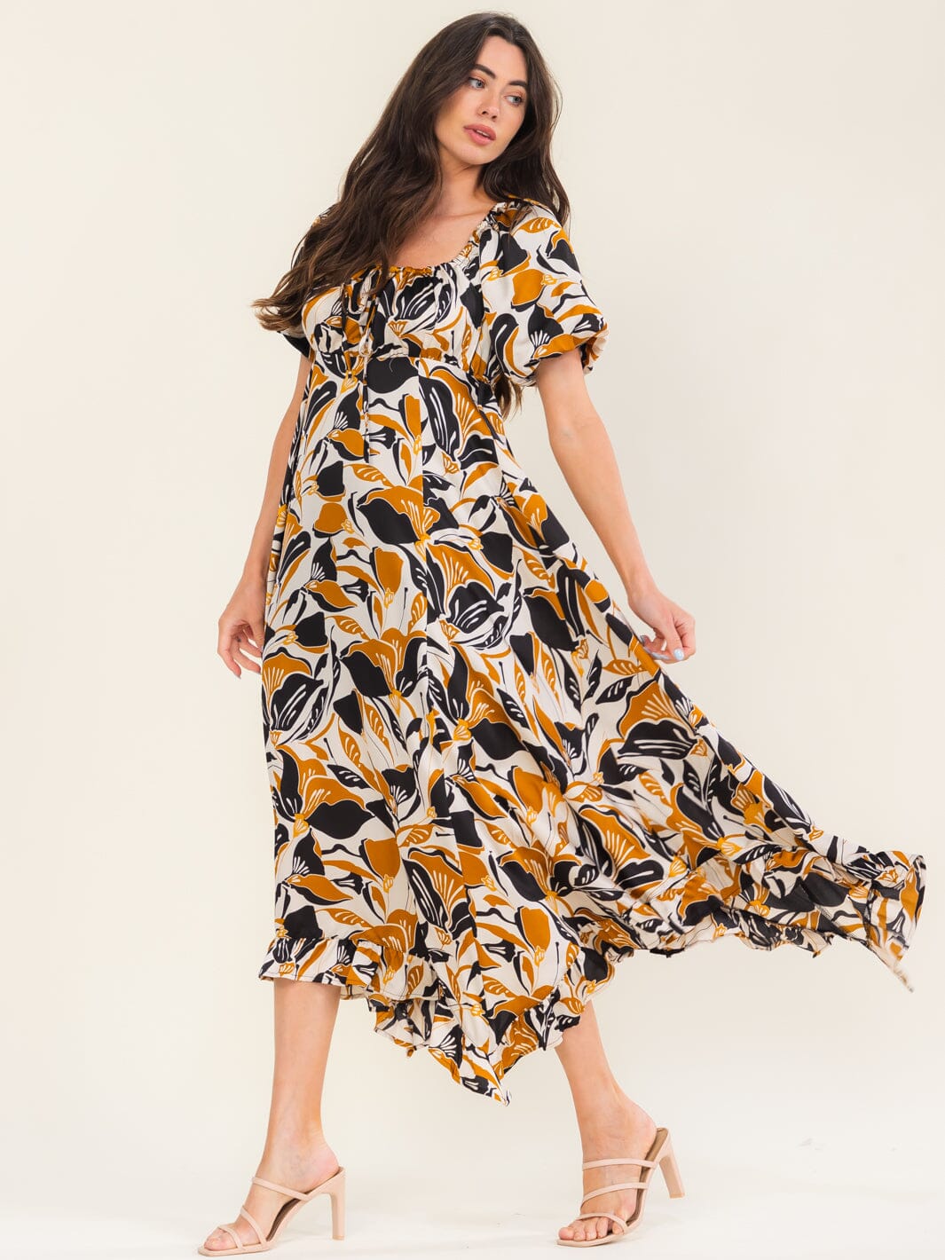 ENTRO WOMEN'S SHORT SLEEVE ELASTIC WAIST FLORAL PRINT MAXI DRESS
