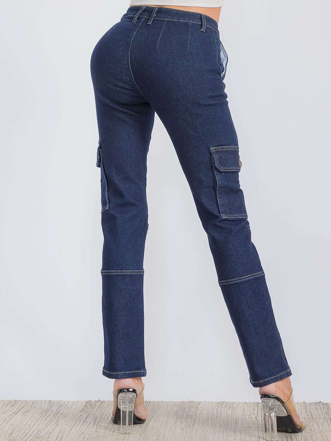 WOMEN'S BUTTON CLOSURE CARGO POCKETS STRETCH DENIM WIDE LEG PANTS