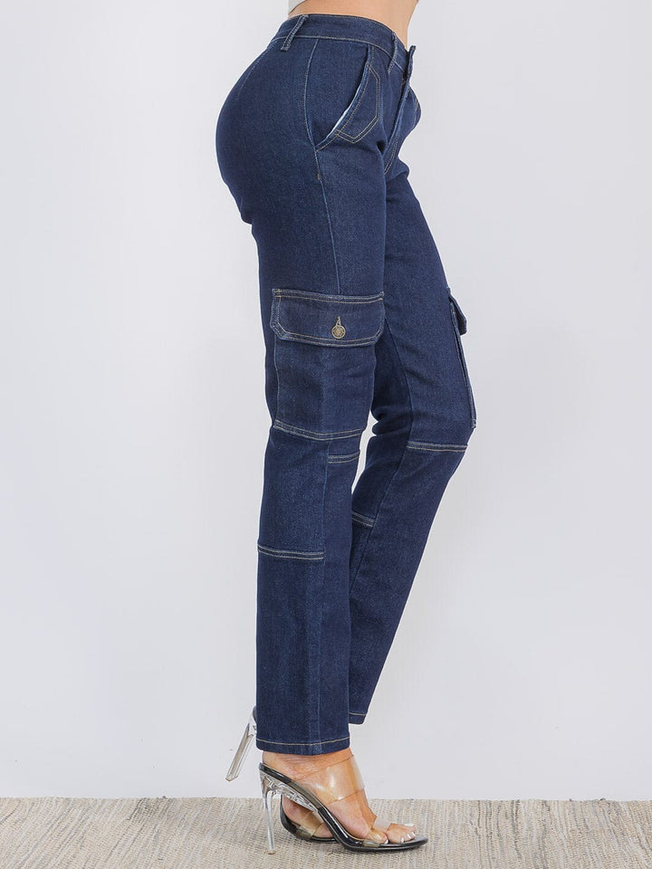 WOMEN'S BUTTON CLOSURE CARGO POCKETS STRETCH DENIM WIDE LEG PANTS