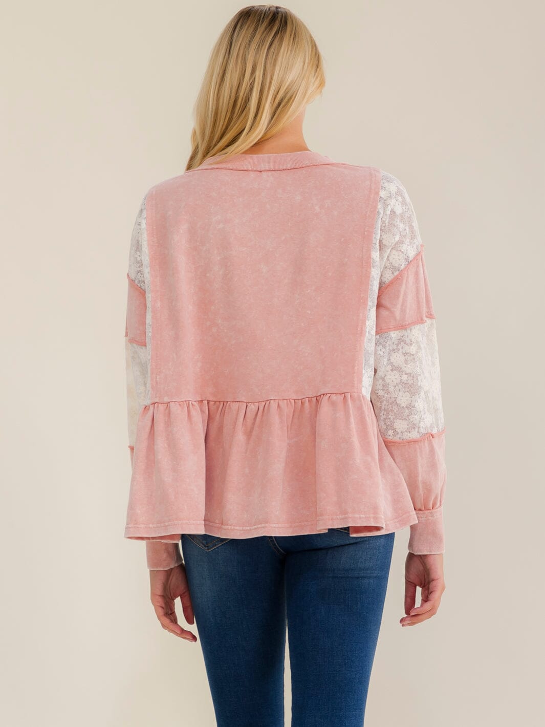 WOMEN'S LONG SLEEVE V-NECK LOOSE FIT LACE WASHED CONTRAST TOP