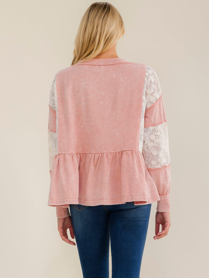 WOMEN'S LONG SLEEVE V-NECK LOOSE FIT LACE WASHED CONTRAST TOP