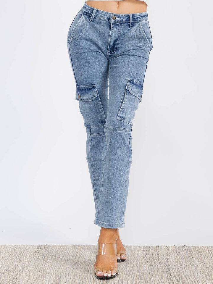 WOMEN'S BUTTON CLOSURE CARGO POCKETS STRETCH DENIM WIDE LEG PANTS