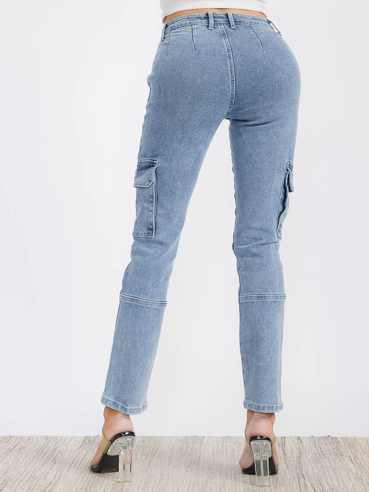 WOMEN'S BUTTON CLOSURE CARGO POCKETS STRETCH DENIM WIDE LEG PANTS