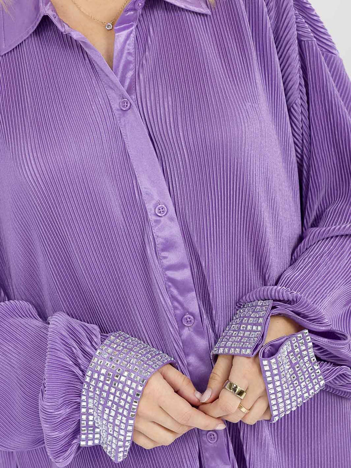 WOMEN'S LONG SLEEVE STUDS DETAILED BUTTON UP HIGH-LOW MINI DRESS