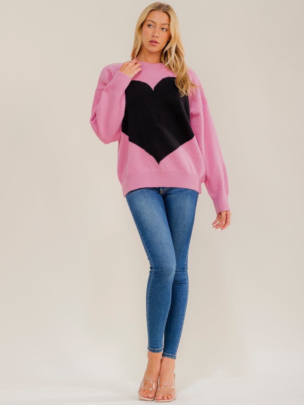 WOMEN'S LONG SLEEVE HEARTS KNIT COLORBLOCK PULLOVER SWEATER