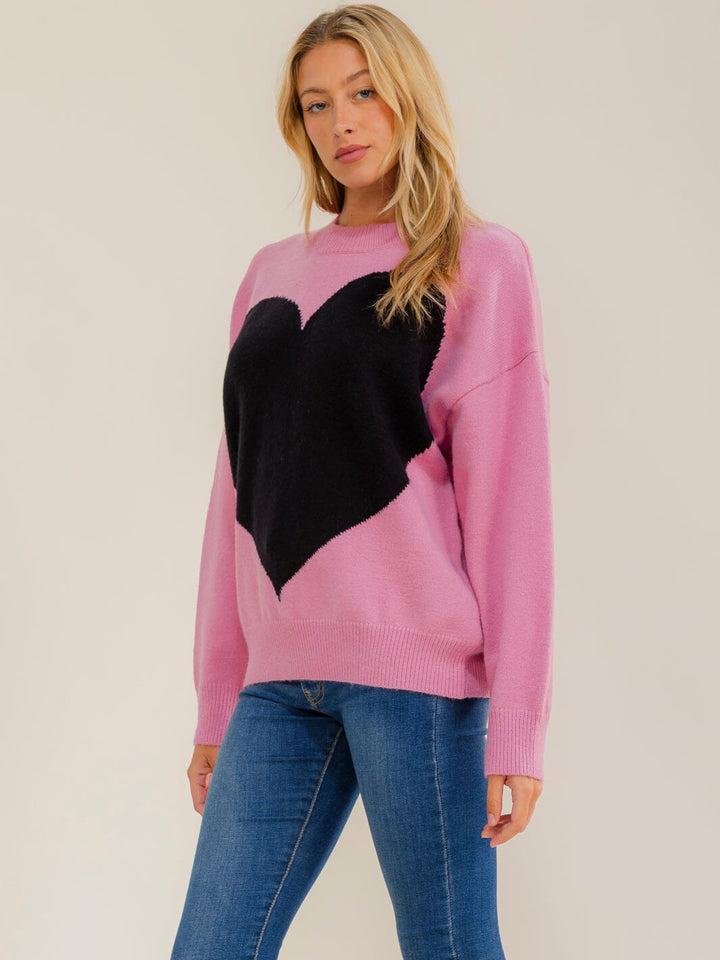 WOMEN'S LONG SLEEVE HEARTS KNIT COLORBLOCK PULLOVER SWEATER