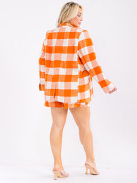 PLUS SIZE LONG SLEEVE BUTTON CLOSURE POCKETS PLAID JACKET