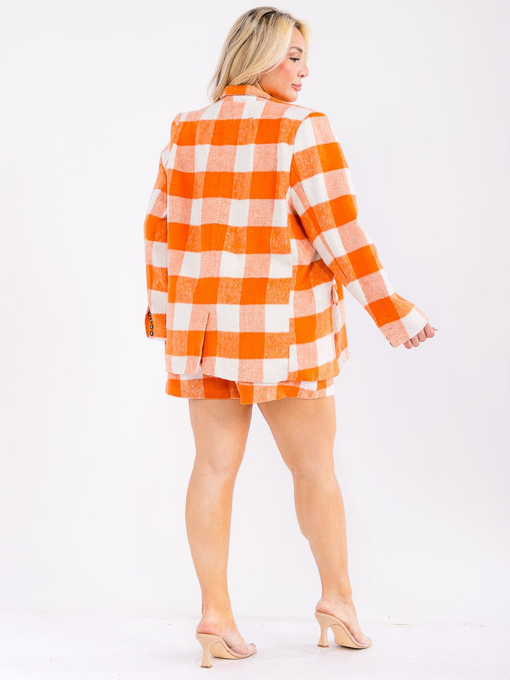 PLUS SIZE LONG SLEEVE BUTTON CLOSURE POCKETS PLAID JACKET