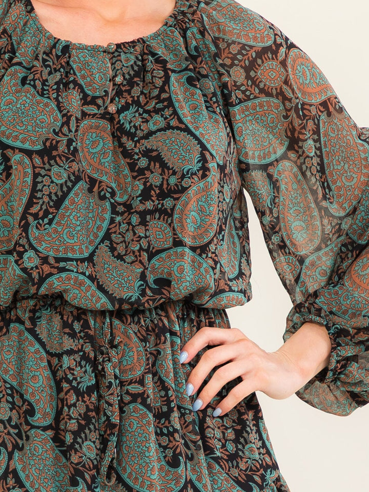 ENTRO WOMEN'S LONG SLEEVE V-NECK ELASTIC WAIST PAISLEY PRINT MINI DRESS