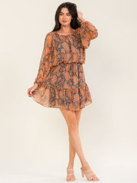 ENTRO WOMEN'S LONG SLEEVE V-NECK ELASTIC WAIST PAISLEY PRINT MINI DRESS