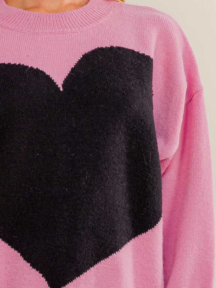 WOMEN'S LONG SLEEVE HEARTS KNIT COLORBLOCK PULLOVER SWEATER