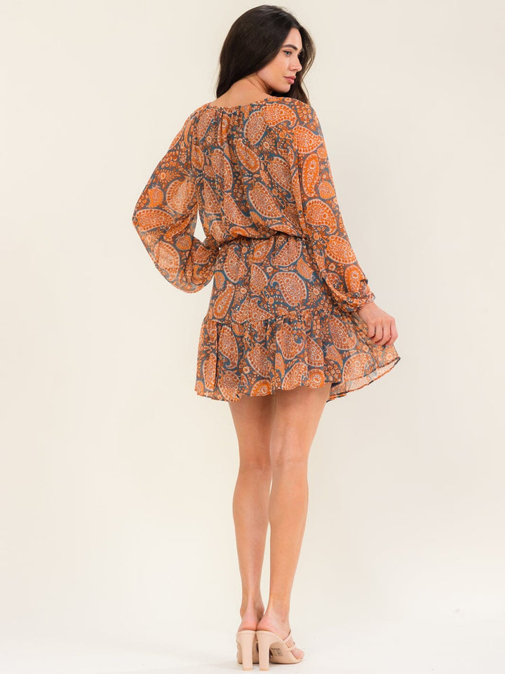 ENTRO WOMEN'S LONG SLEEVE V-NECK ELASTIC WAIST PAISLEY PRINT MINI DRESS