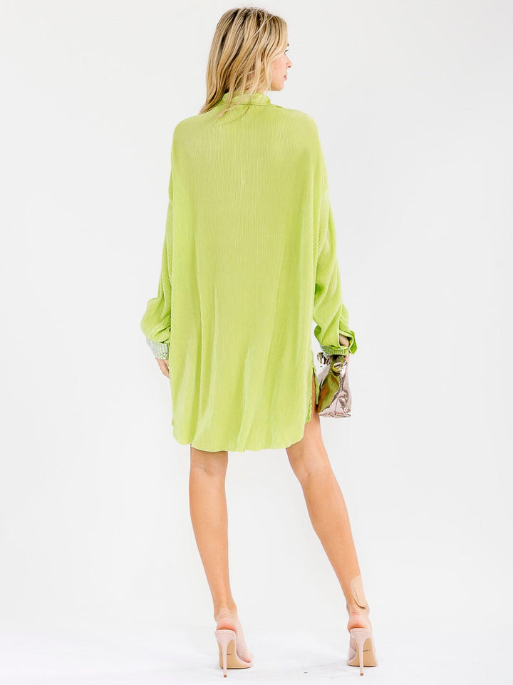 WOMEN'S LONG SLEEVE STUDS DETAILED BUTTON UP HIGH-LOW MINI DRESS