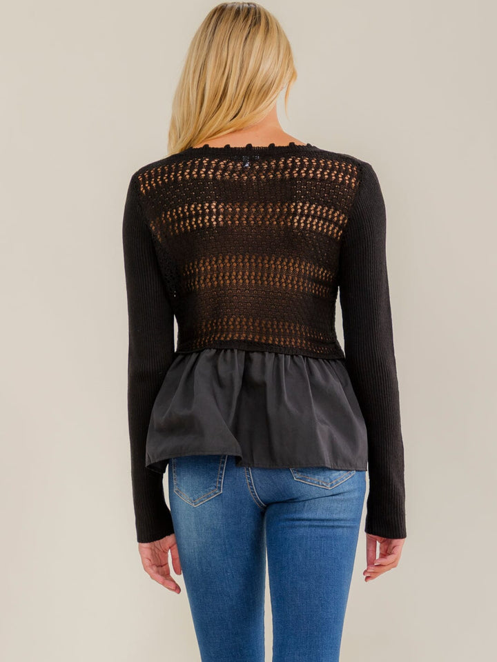 WOMEN'S LONG SLEEVE V-NECK PEPLUM CROCHET CONTRAST TOP