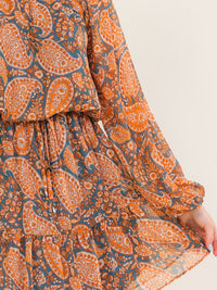 ENTRO WOMEN'S LONG SLEEVE V-NECK ELASTIC WAIST PAISLEY PRINT MINI DRESS