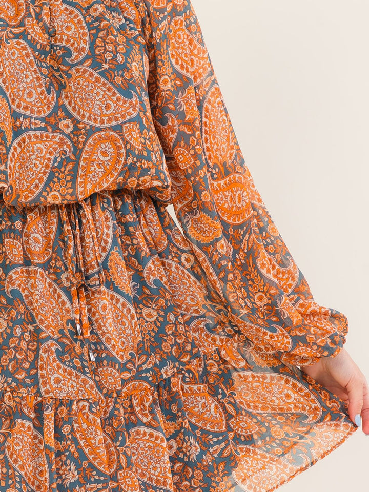 ENTRO WOMEN'S LONG SLEEVE V-NECK ELASTIC WAIST PAISLEY PRINT MINI DRESS