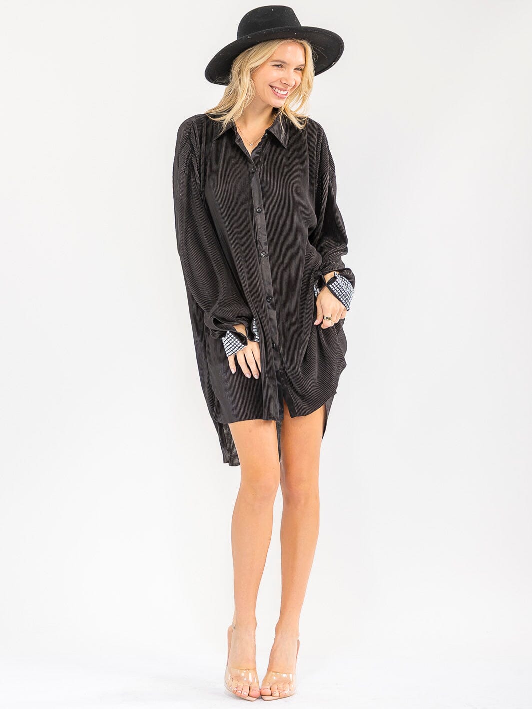 WOMEN'S LONG SLEEVE STUDS DETAILED BUTTON UP HIGH-LOW MINI DRESS