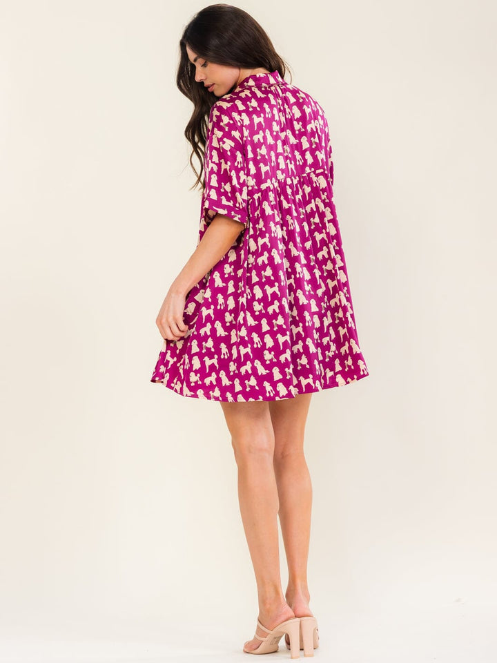 ENTRO WOMEN'S SHORT SLEEVE BUTTON UP POCKETS TUNIC MULTI PRINT MINI DRESS