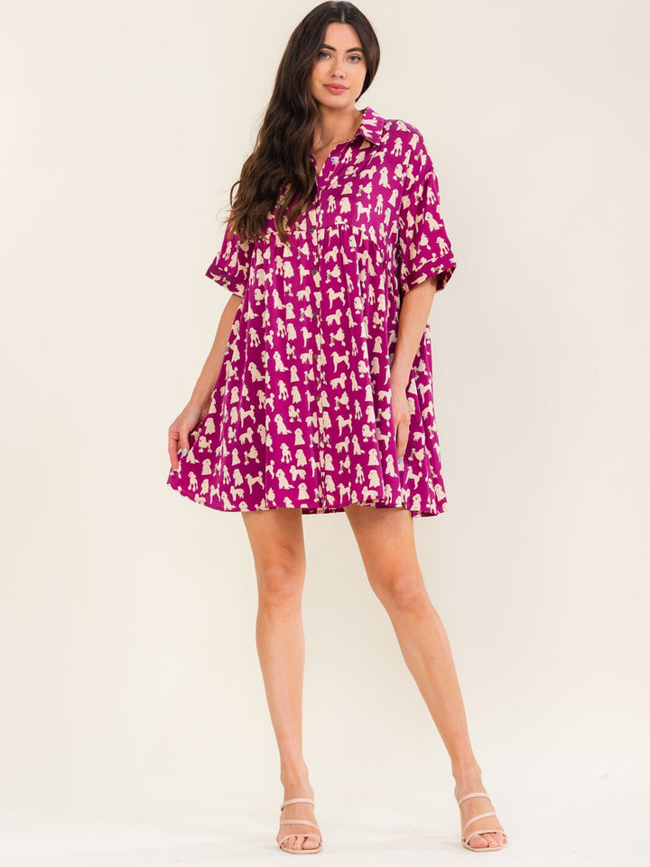 ENTRO WOMEN'S SHORT SLEEVE BUTTON UP POCKETS TUNIC MULTI PRINT MINI DRESS