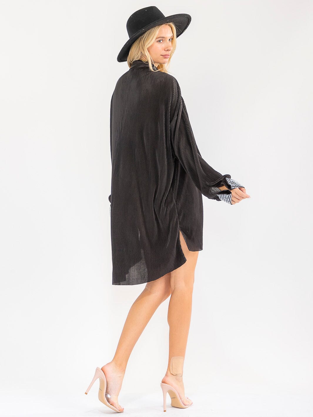 WOMEN'S LONG SLEEVE STUDS DETAILED BUTTON UP HIGH-LOW MINI DRESS