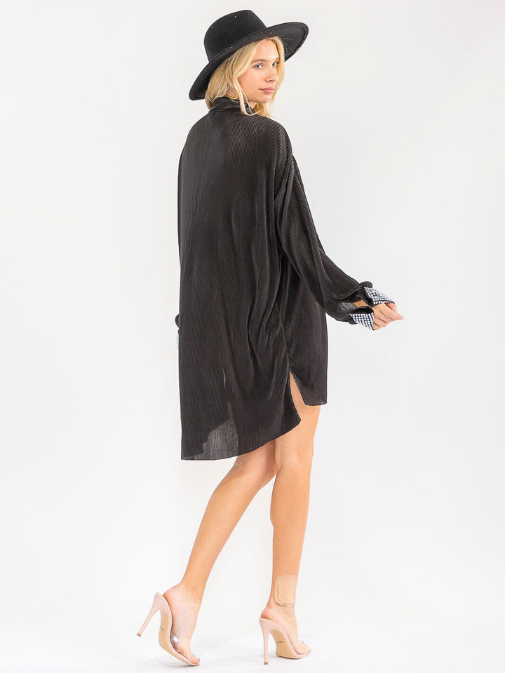 WOMEN'S LONG SLEEVE STUDS DETAILED BUTTON UP HIGH-LOW MINI DRESS