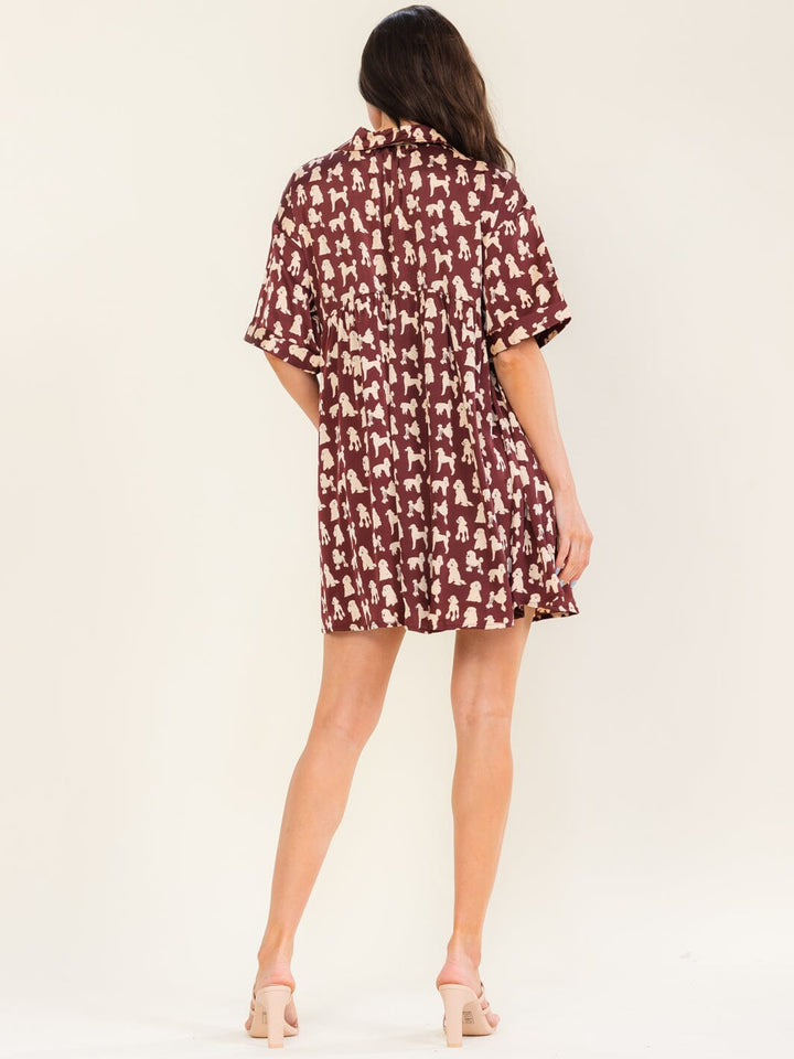 ENTRO WOMEN'S SHORT SLEEVE BUTTON UP POCKETS TUNIC MULTI PRINT MINI DRESS