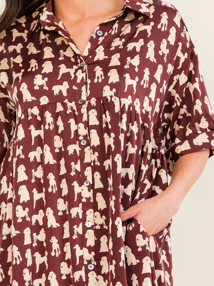 ENTRO WOMEN'S SHORT SLEEVE BUTTON UP POCKETS TUNIC MULTI PRINT MINI DRESS