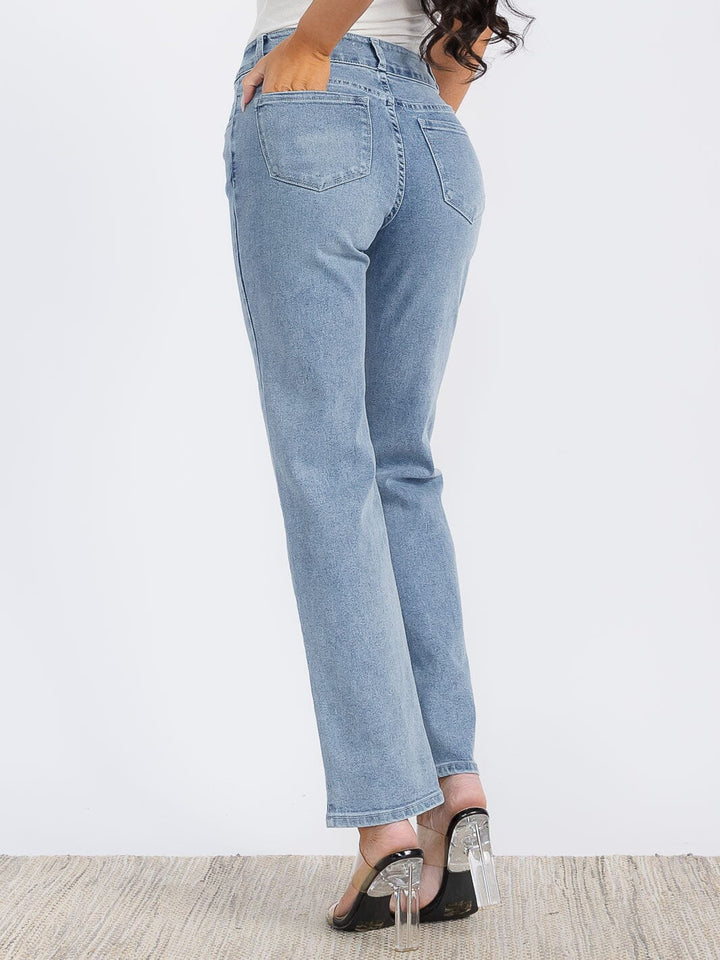WOMEN'S BUTTON CLOSURE STRETCH WASHED DENIM WIDE LEG PANTS